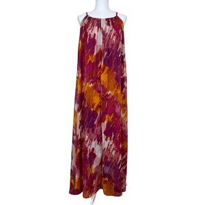 Roamans Halter Pink Abstract Tie Dye Chiffon Maxi Lined Casual Dress Size 14W